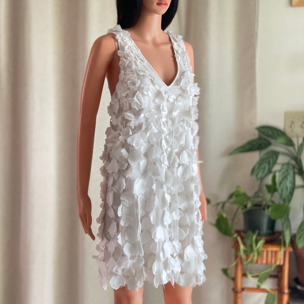 BHLDN Anthropologie White 3D Floral Petal Applique Mini Shift Dress Bridal XL